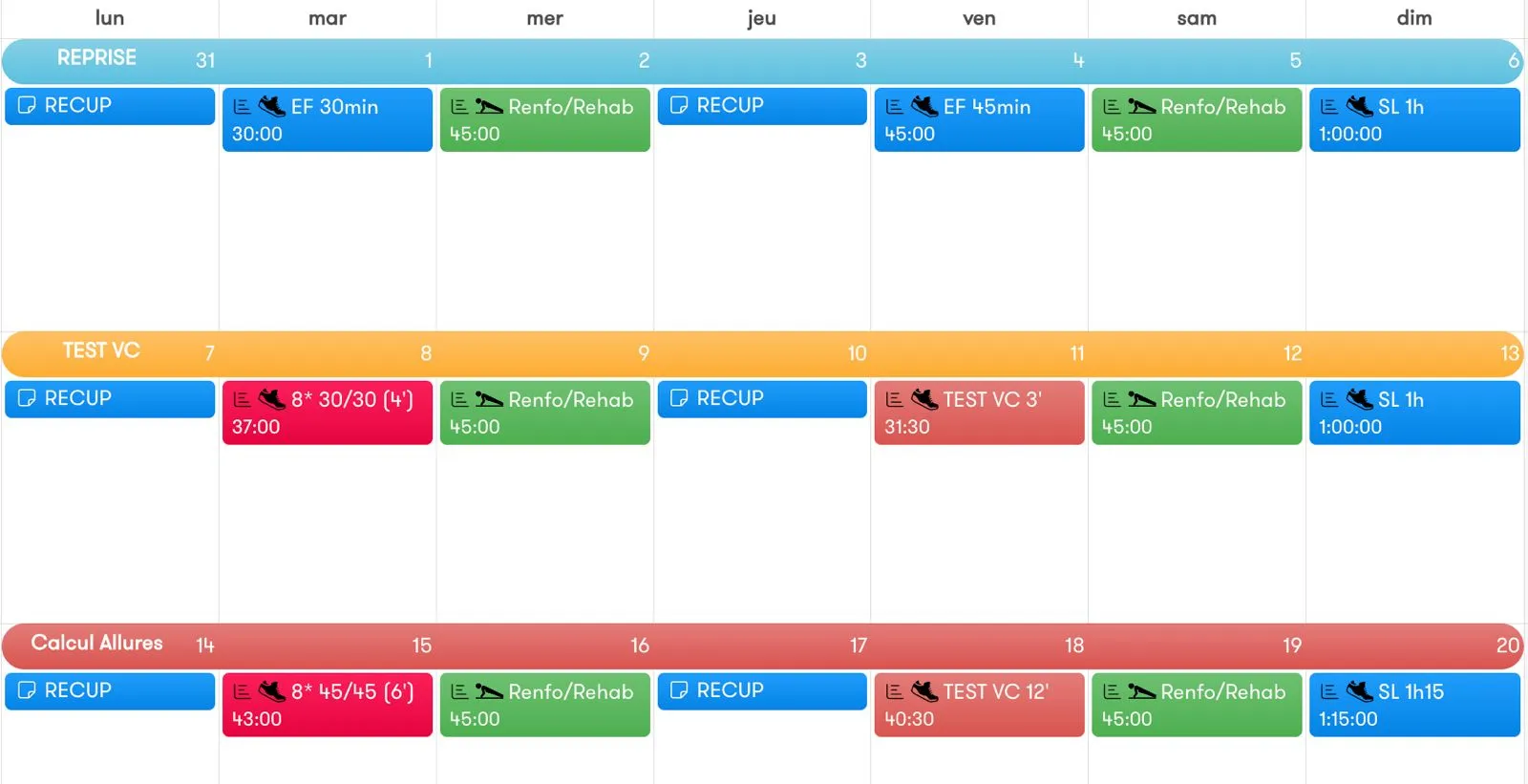 Exemple de programmation d'entraînement sur la plateforme Nolio